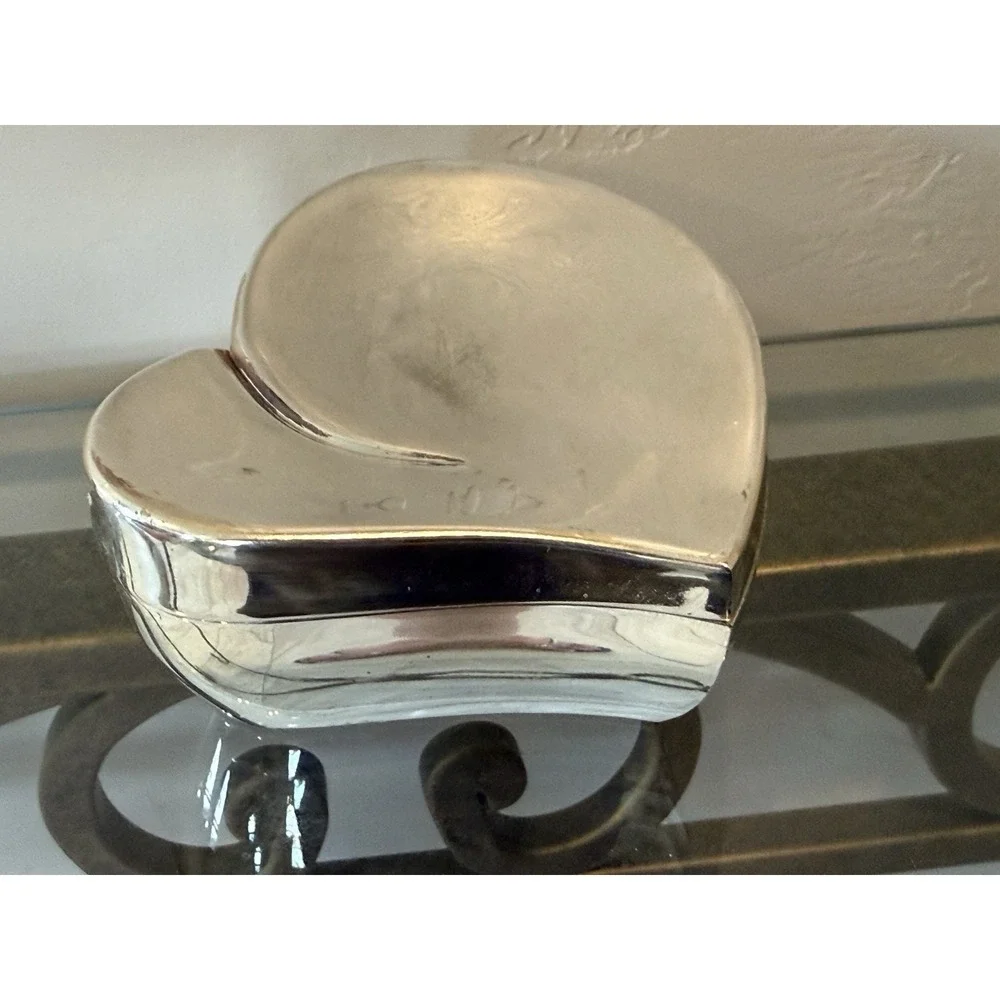Vintage Polished Silver tone Mid Century Heart Trinket Box Black Velvet Lining
